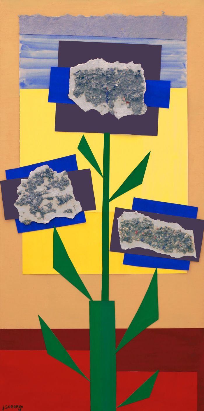 Tres flors sobre fons groc i blau